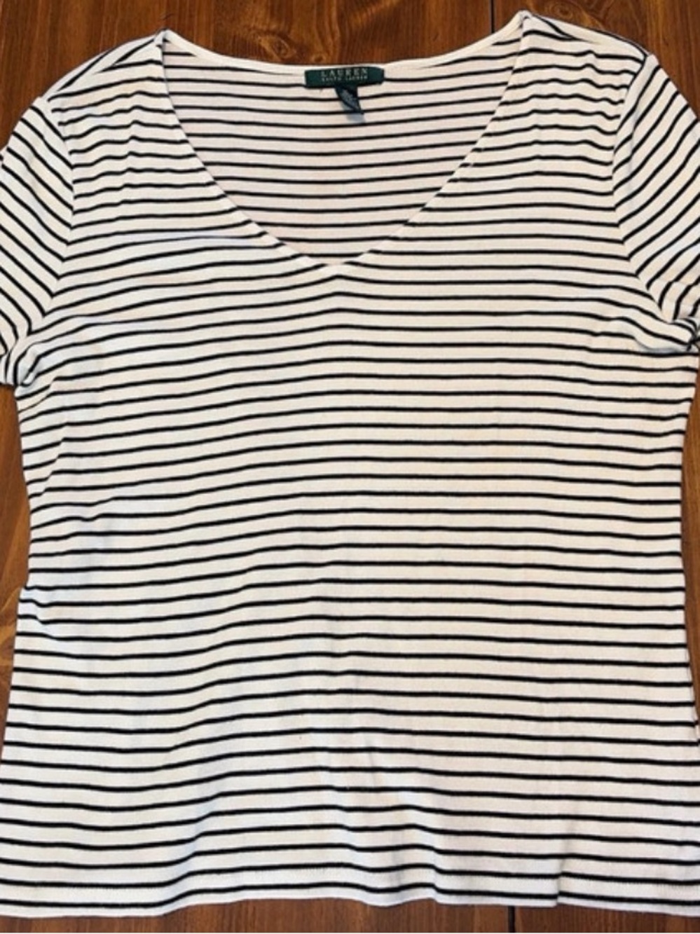 Lauren Ralph Lauren White and Black Striped Scoop Neck Tee